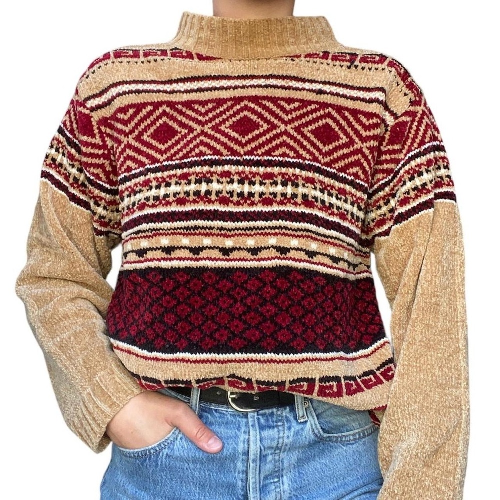 ERIKA Long Sleeve Mock Neck Sweater Geometric Aztec Tan/Red/Black Sz Petite XL